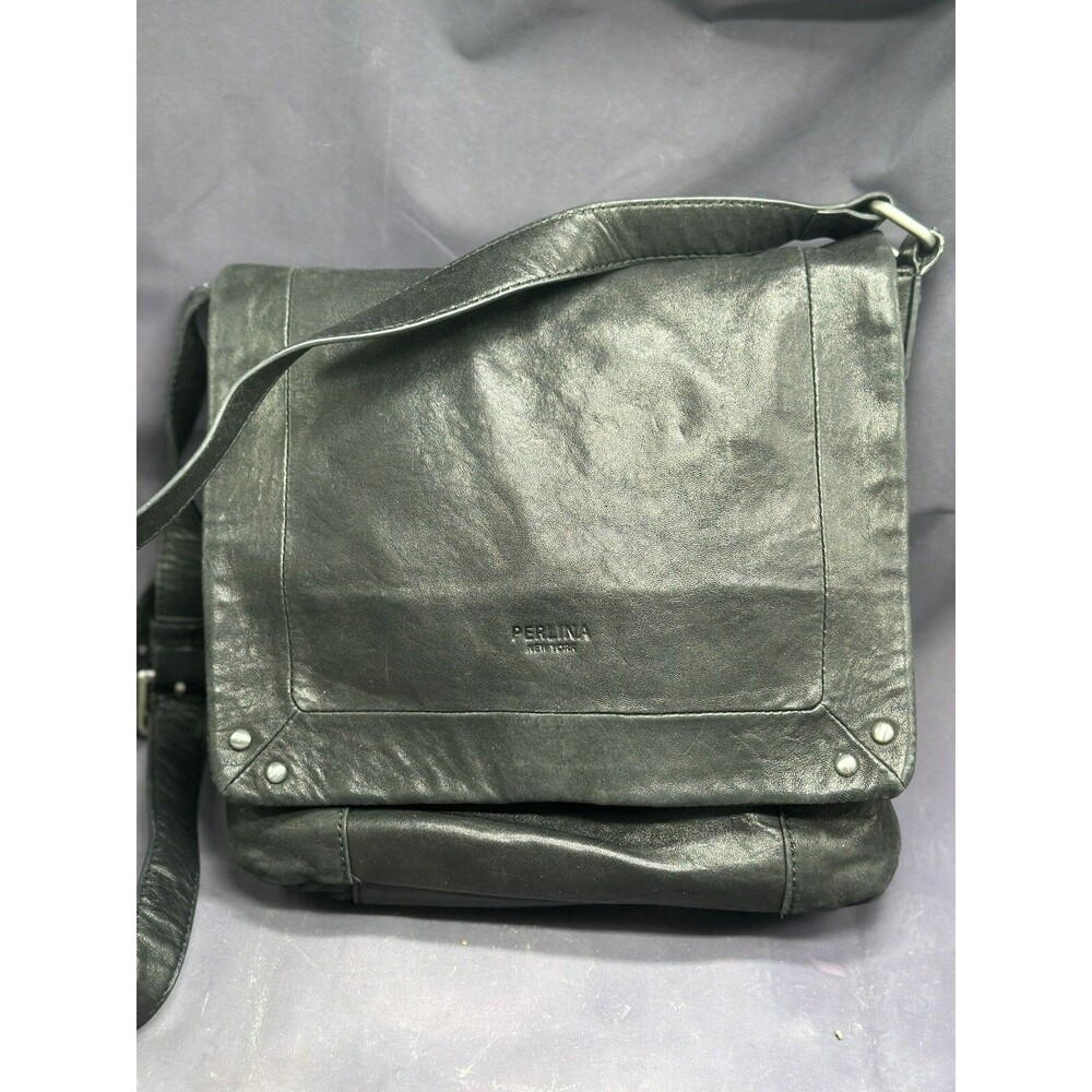 Perlina NY Soft Black Leather Crossbody Bag Animal Print Lined LN
